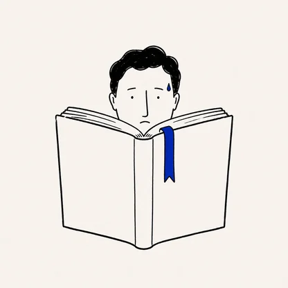 本を開いて読んでいる人。内容が難しく、しおりが挟まった見開きの前で視線が止まっているイラスト