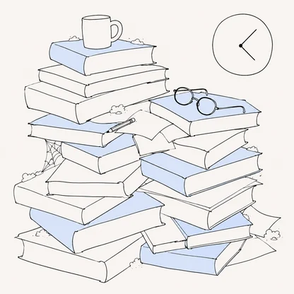 埃をかぶった本が高く積み上がり、上にカップと眼鏡が載っている。横に時計があるイラスト