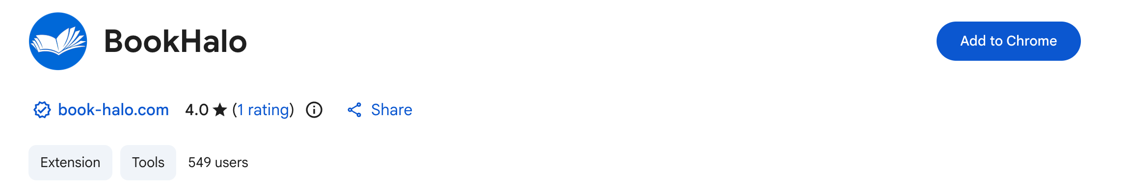 The BookHalo listing on the Chrome Web Store, with the Add to Chrome button