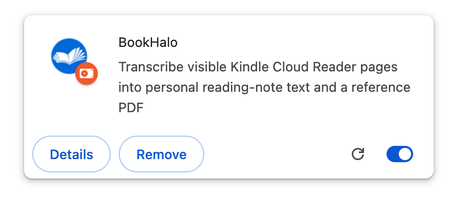 BookHalo listed and enabled on the Chrome extensions page