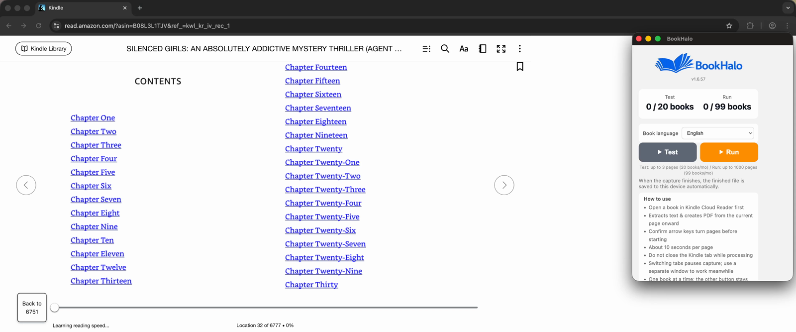 The BookHalo popup open next to Kindle Cloud Reader, under the toolbar icon