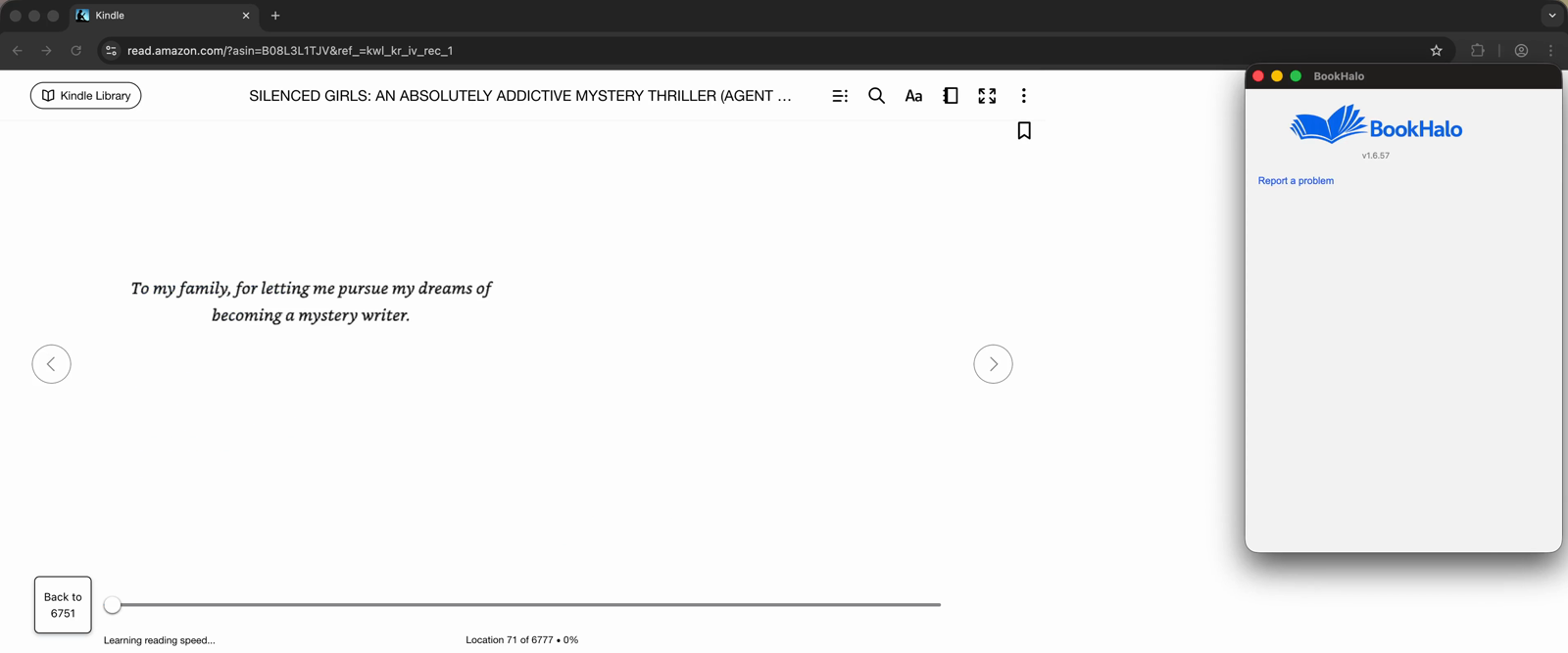 A capture in progress: the popup shows the current position and a Stop button while the Kindle page turns