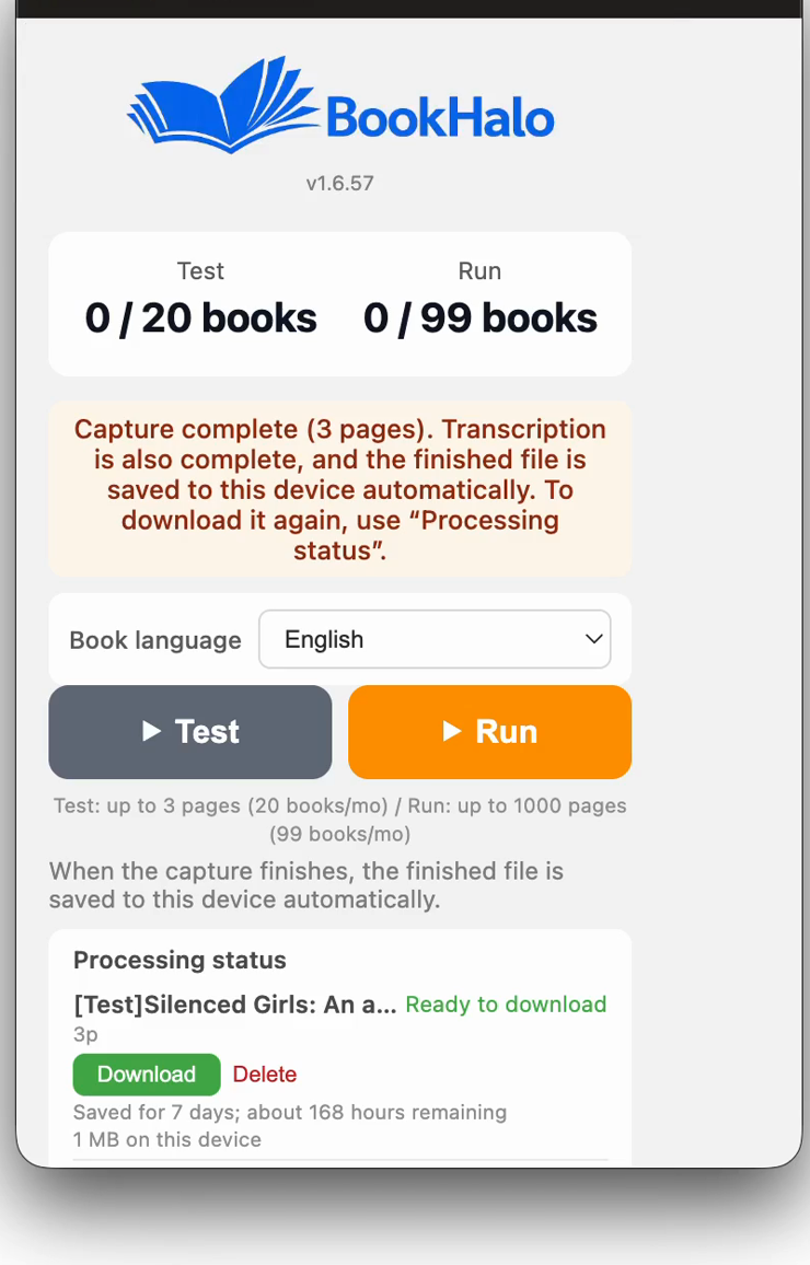 The BookHalo popup after a capture finished: the file is saved and listed under Processing status