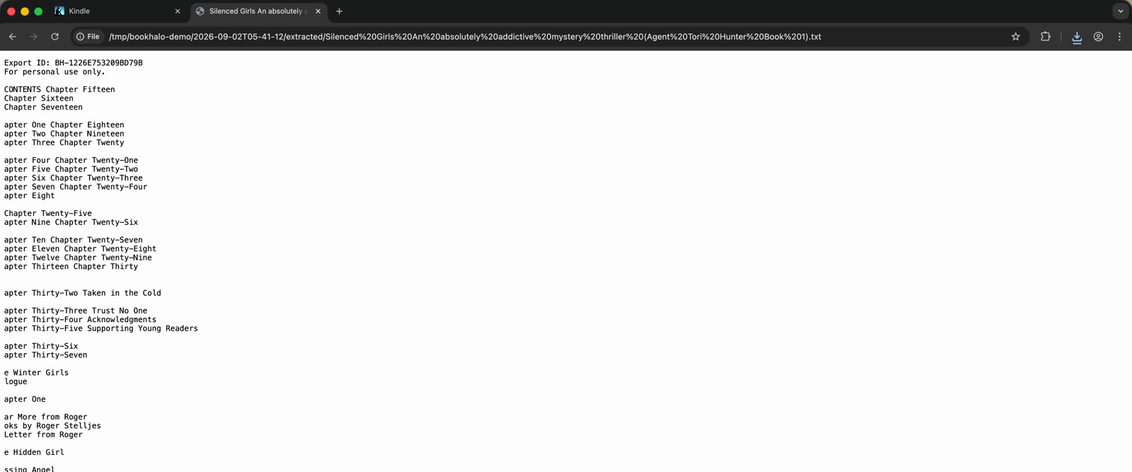 The transcribed text file opened in a browser tab
