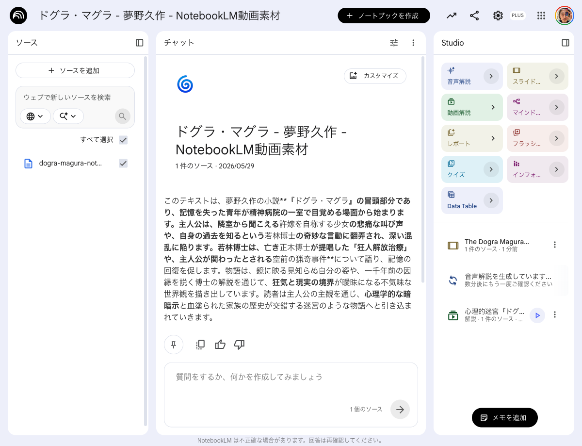 NotebookLMでスライド資料「The Dogra Magura Labyrinth」が生成された画面
