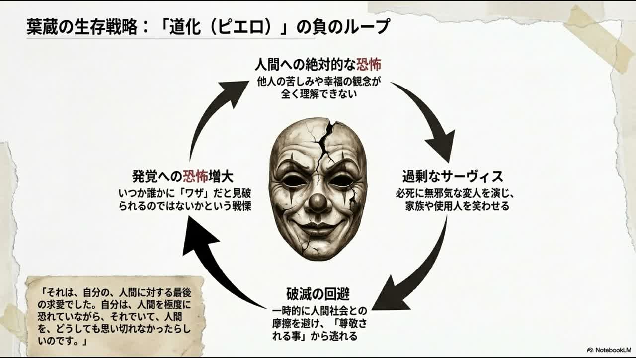 NotebookLM動画概要で葉蔵の道化の負のループを図解している画面