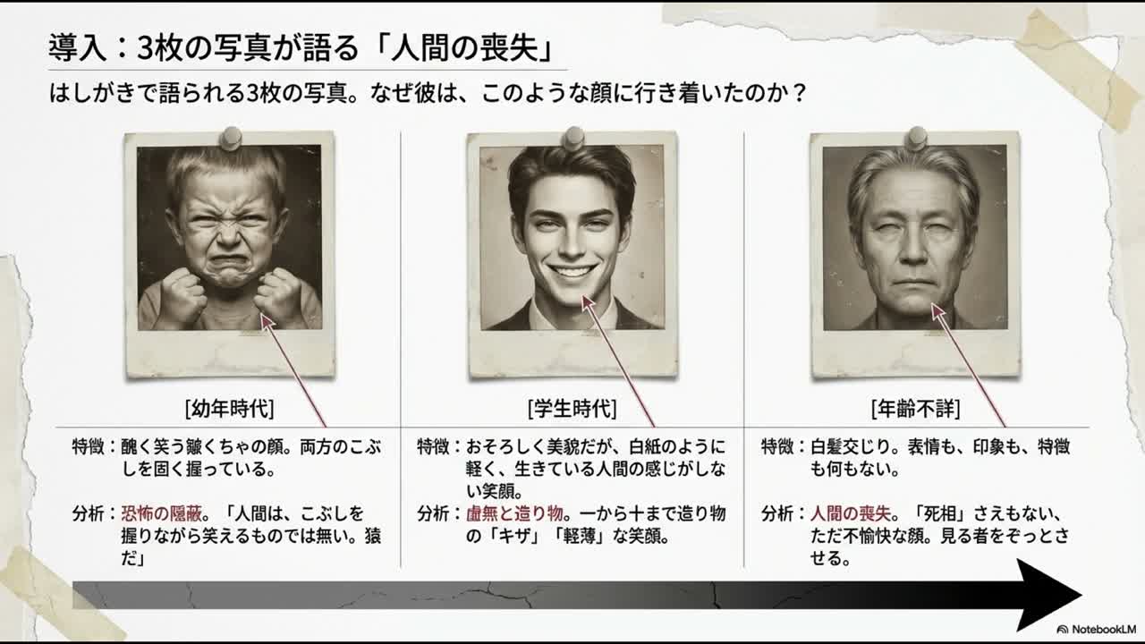NotebookLM動画概要で『人間失格』の3枚の写真を整理している画面