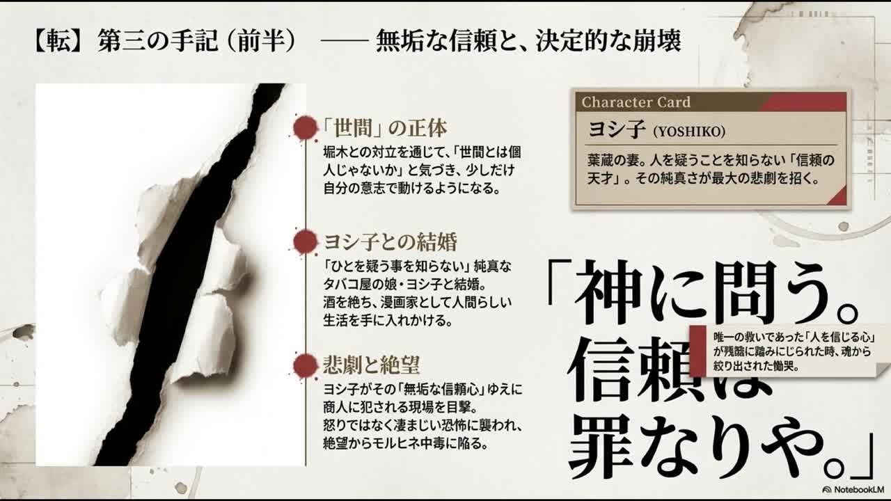 NotebookLM動画概要で『神に問う。信頼は罪なりや。』を扱っている画面