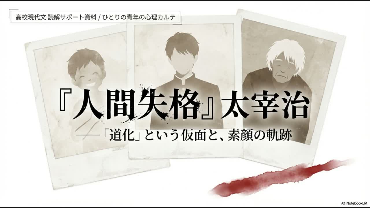 NotebookLM動画概要で太宰治『人間失格』を扱っているタイトル画面