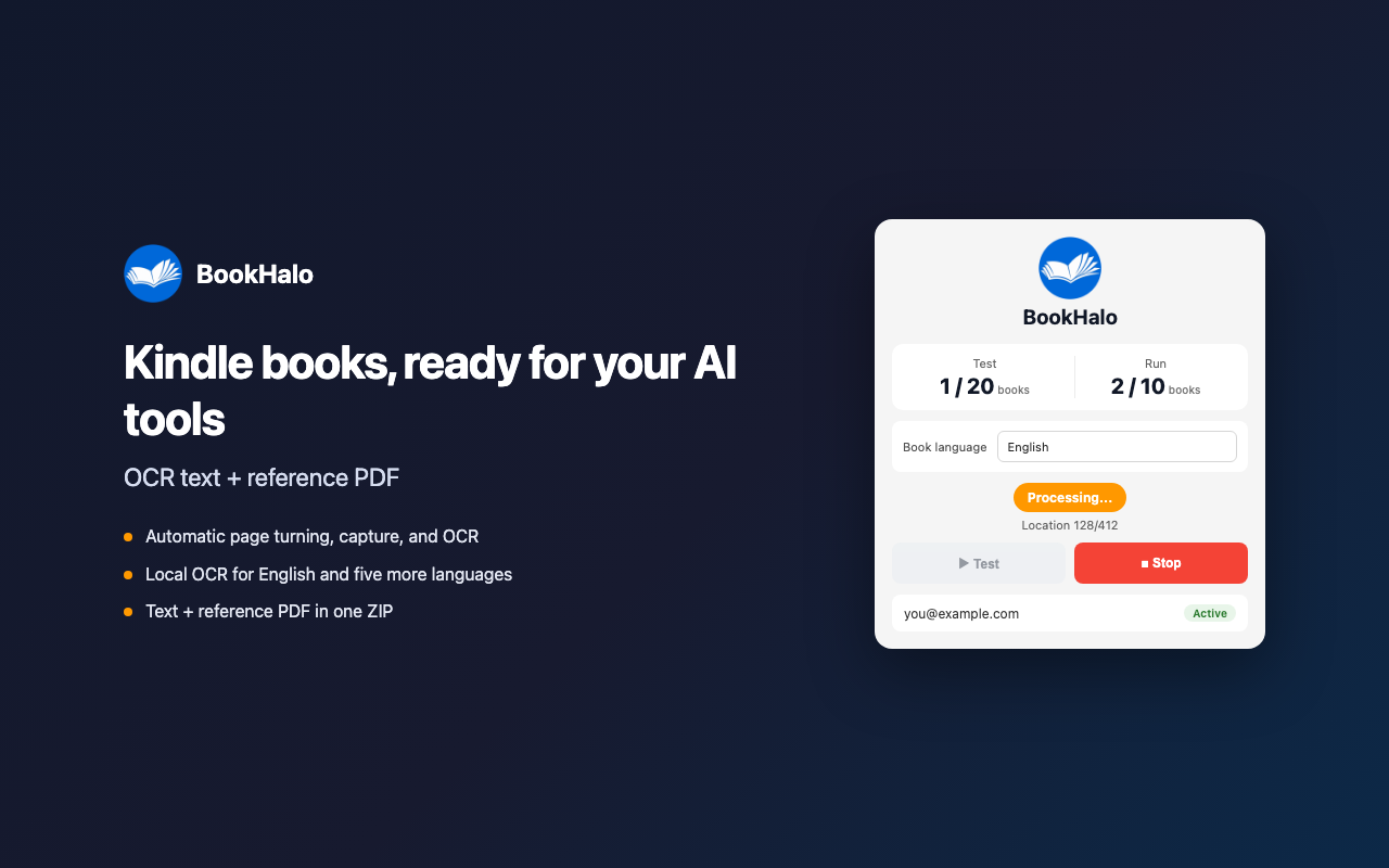 BookHalo processing an English book in Kindle Cloud Reader