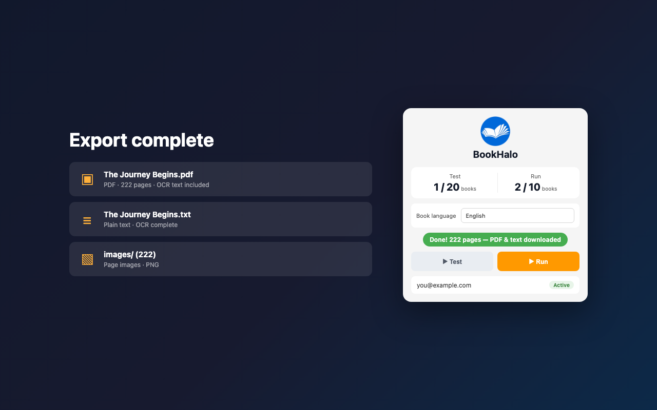BookHalo completed export screen in English